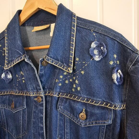 Liz Claiborne Vintage Denim Jacket Womens Large Embroidered Y2K Floral Boho Mom - Picture 4 of 10